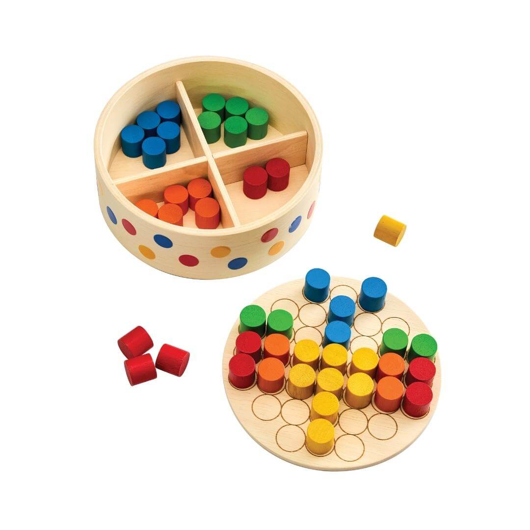 PlanToys Montessori Peg Board Set with round wooden container of colorful pegs and a board showing a butterfly-shaped peg pattern.