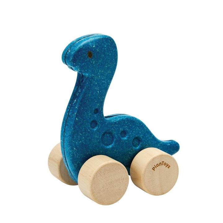 PlanToys Montessori Dino Diplo Car in blue, shaped like a Diplodocus with four natural wooden wheels, designed for toddlers to push and roll.