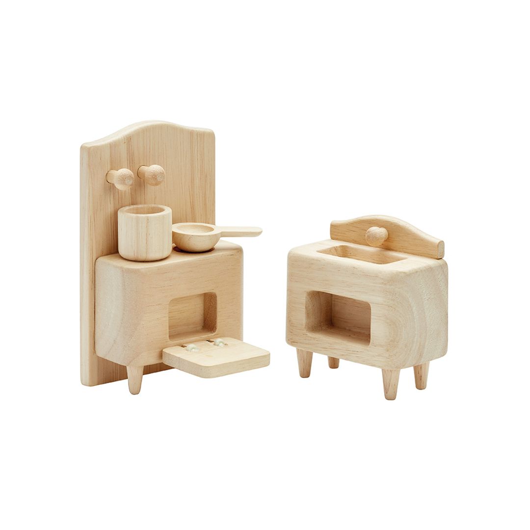 Assembled wooden kitchen furniture set with two pans displayed separately, showing intricate design and detail of each piece.