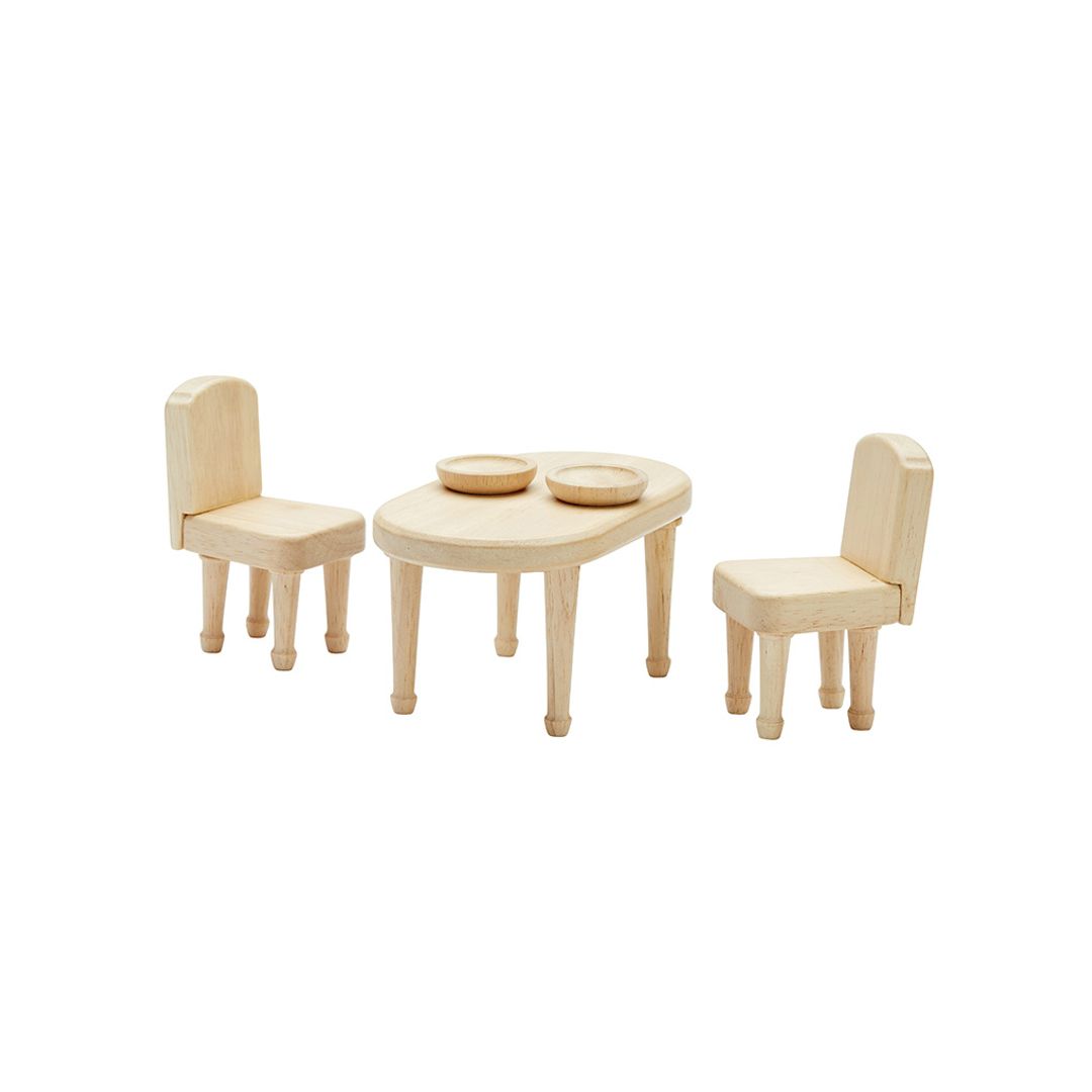 Assembled wooden dining room furniture set displayed separately, showing intricate design and detail of each piece.