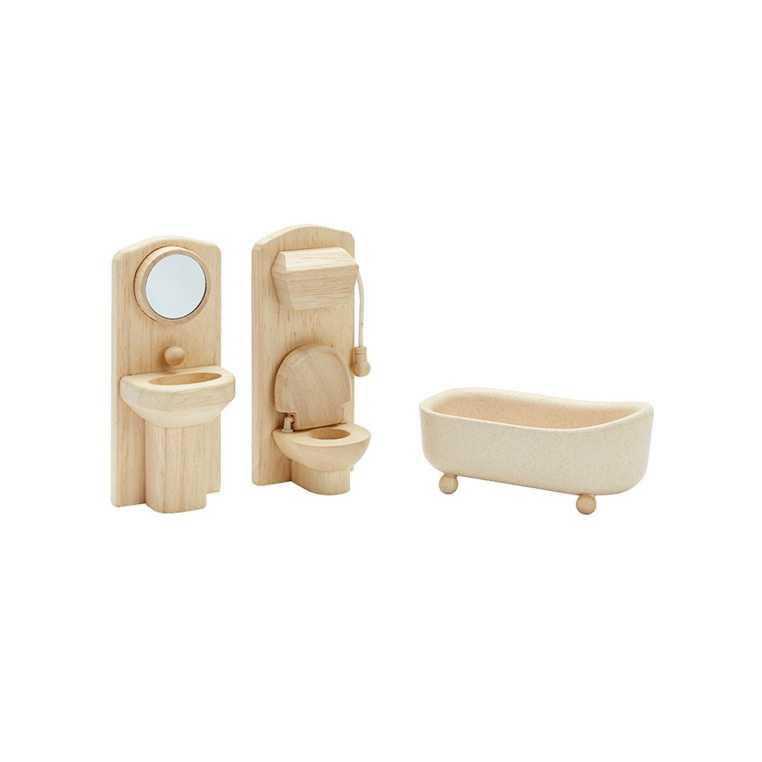 Assembled wooden bathroom  furniture set displayed separately, showing intricate design and detail of each piece.
