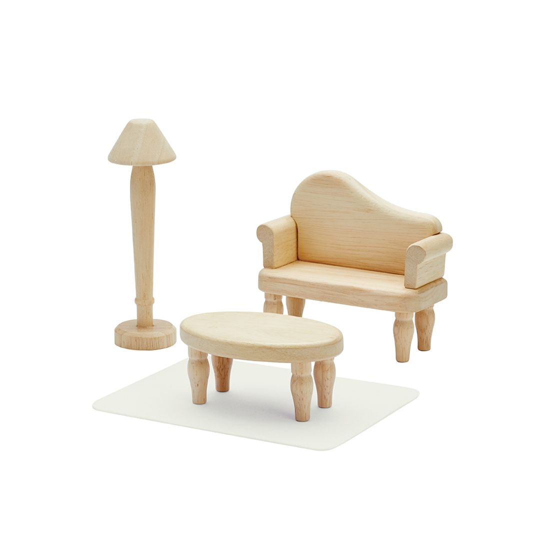 Assembled wooden living room furniture set displayed separately, showing intricate design and detail of each piece.