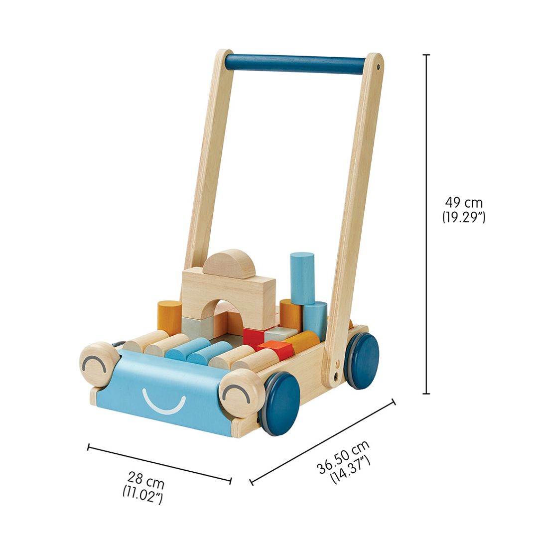 The dimensions of the PlanToys Baby Walker in natural wood and blue, filled with colorful wooden blocks. A sturdy push toy designed to support early walking and motor skill development.