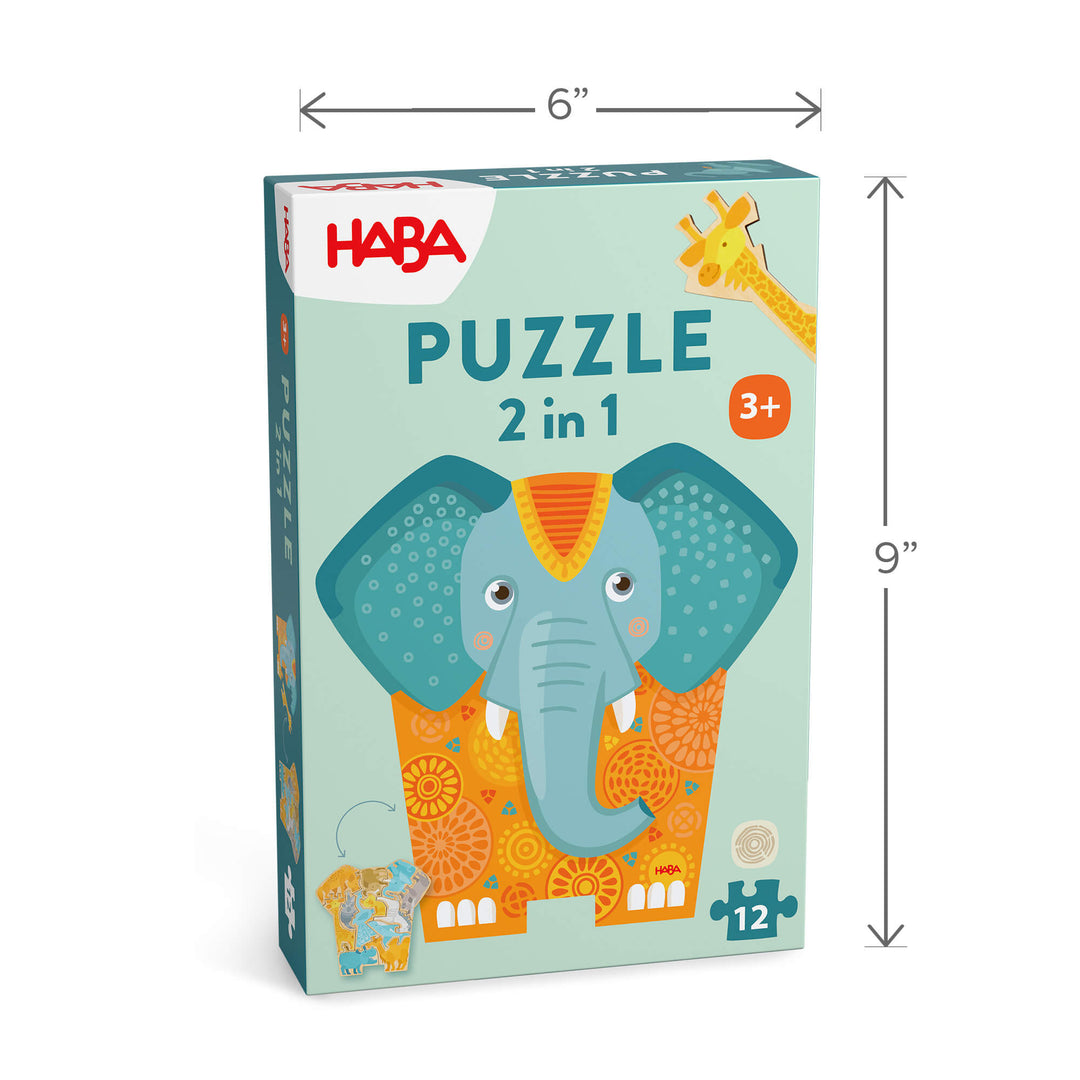 Elephant 2-in-1 Wooden Puzzle box is 9 inches tall and 6 inches wide