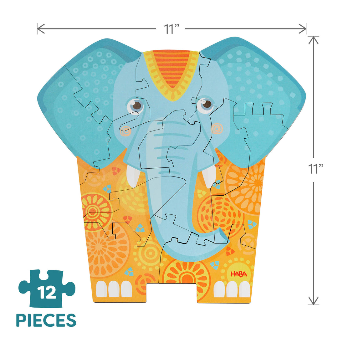 Elephant-shaped 12-piece puzzle with colorful patterns in orange and blue, measuring 11 by 11 inches.