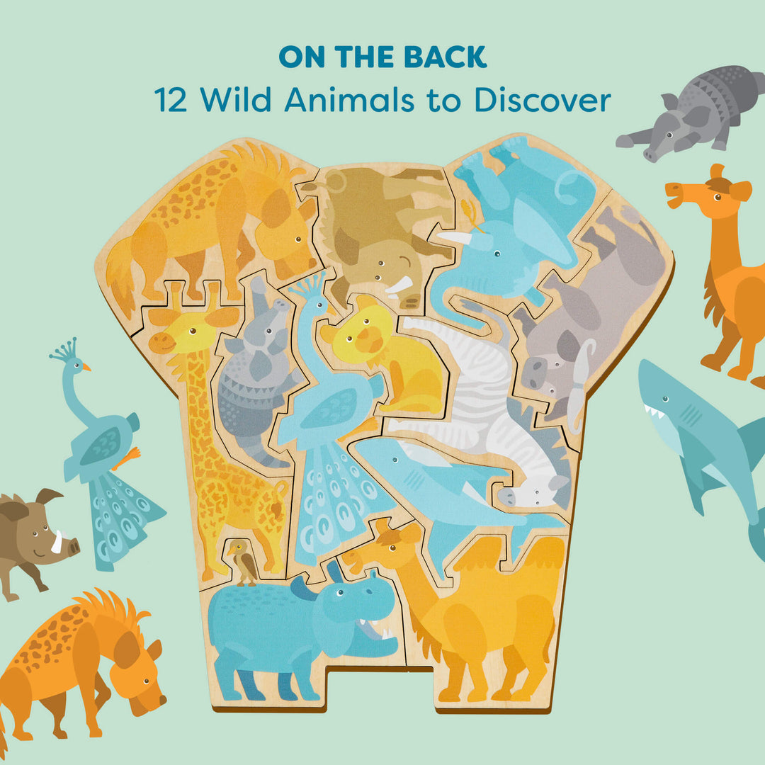 Colorful wooden animal puzzle with various wild animals and text at the top reading "ON THE BACK 12 Wild Animals to Discover"