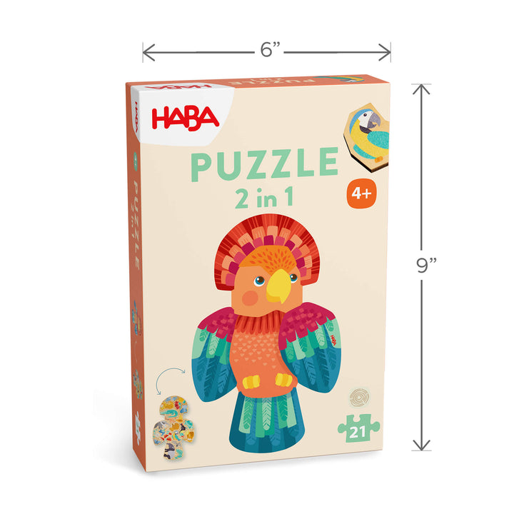 Parrot 2-in-1 Wooden Puzzle box is 9 inches tall and 6 inches wide