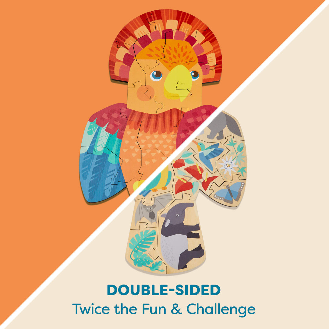 Double-sided parrot-shaped puzzle with parrot design on one side and animal illustrations on the other.