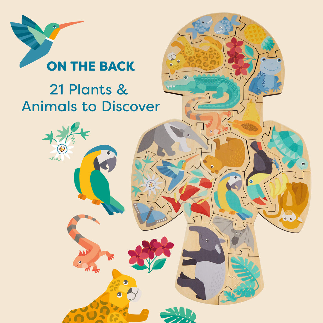 A colorful parrot-shaped puzzle featuring animals and plants against a light orange background. Text reads "ON THE BACK 21 Plants & Animals to Discover"