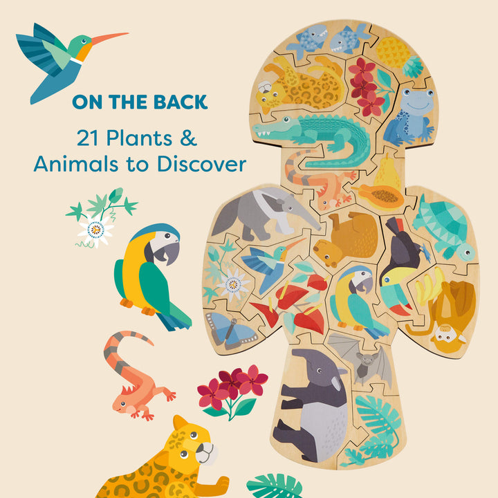 A colorful parrot-shaped puzzle featuring animals and plants against a light orange background. Text reads "ON THE BACK 21 Plants & Animals to Discover"