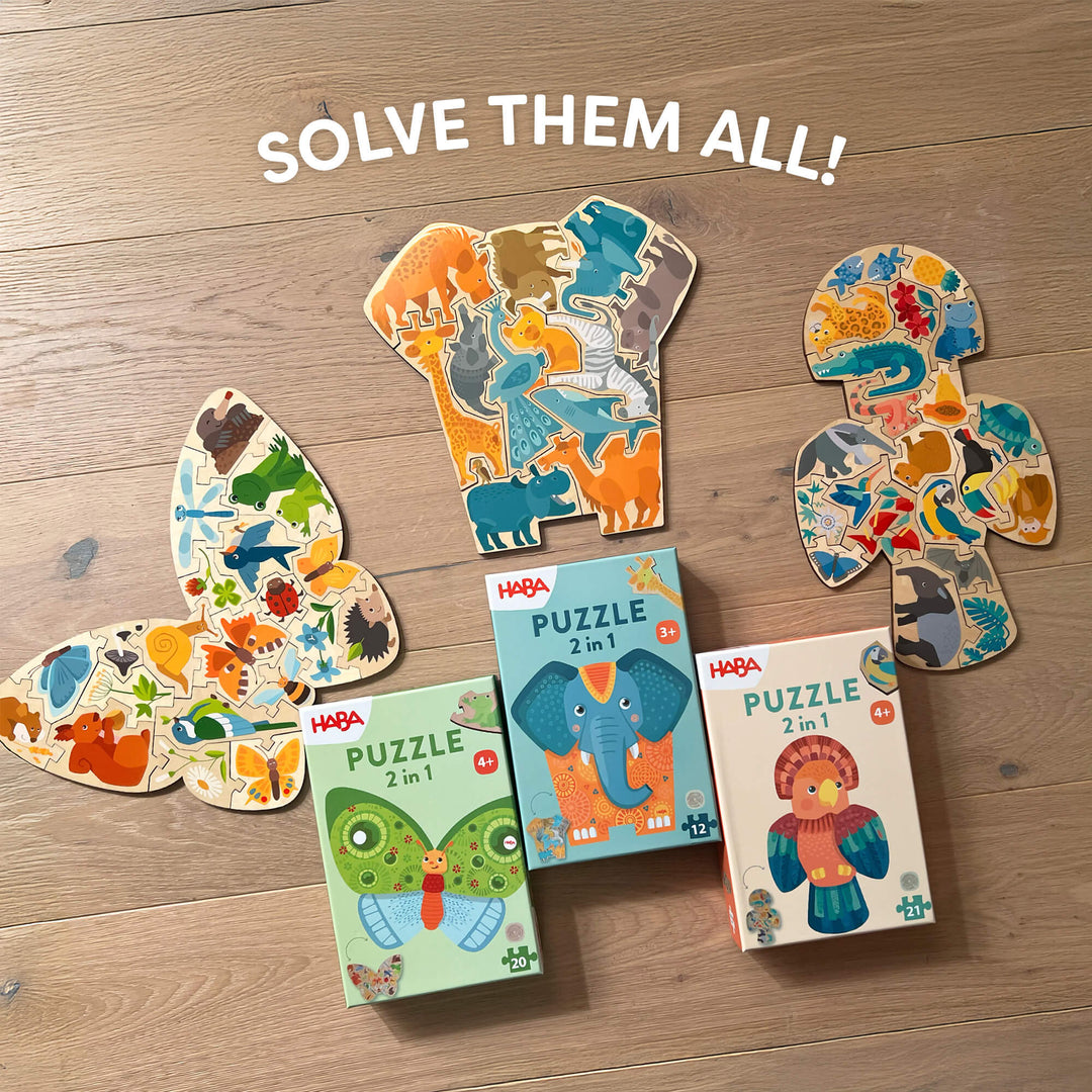 HABA Butterfly, Elephant, and Parrot 2-in-1 Wooden Puzzles put together with each box on a table and the text "Solve them all!" above