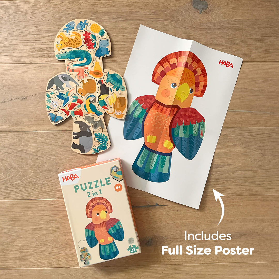 Colorful parrot puzzle set with wooden pieces and full-size poster.