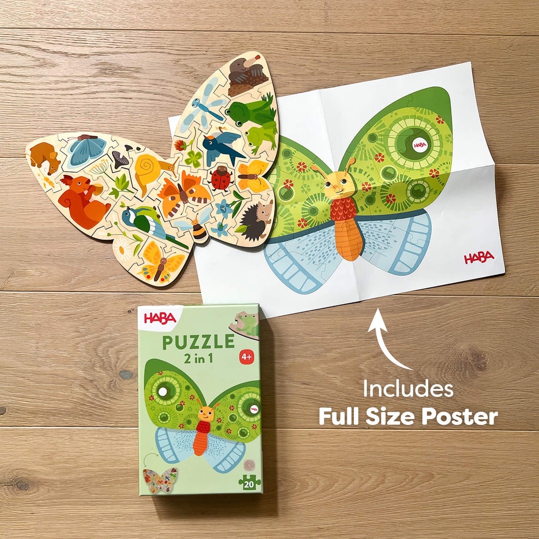 A children's butterfly-shaped puzzle with animal illustrations next to a matching poster and packaging. Text reads "Includes Full Size Poster"