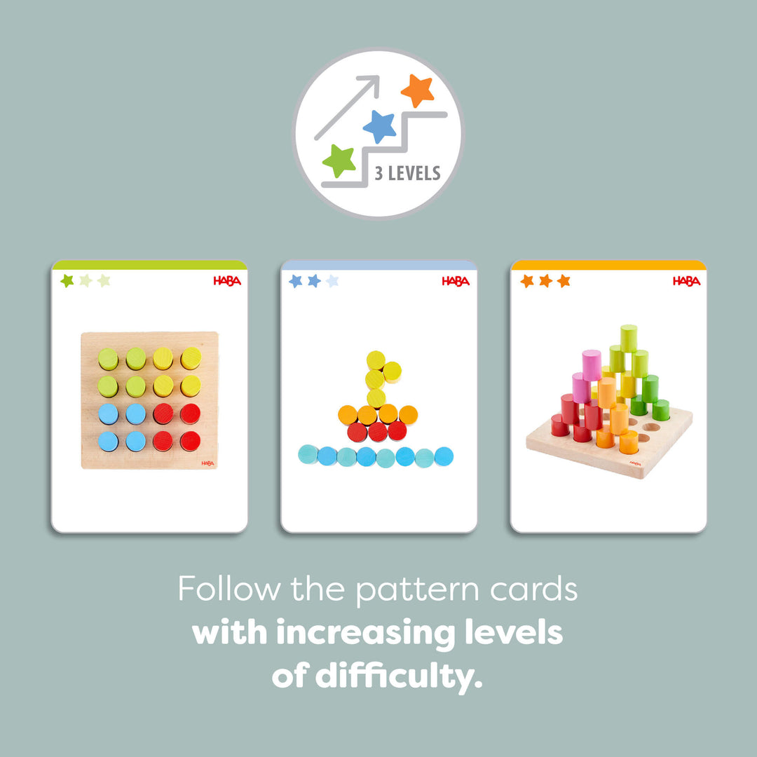 Three stacking activity cards with increasing difficulty levels, each marked by stars, are shown below a "3 LEVELS" icon.