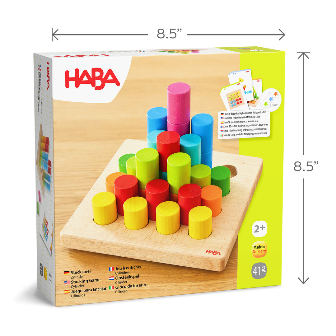 Rainbow Risers Wooden Stacking Game package is 8.5 inches square