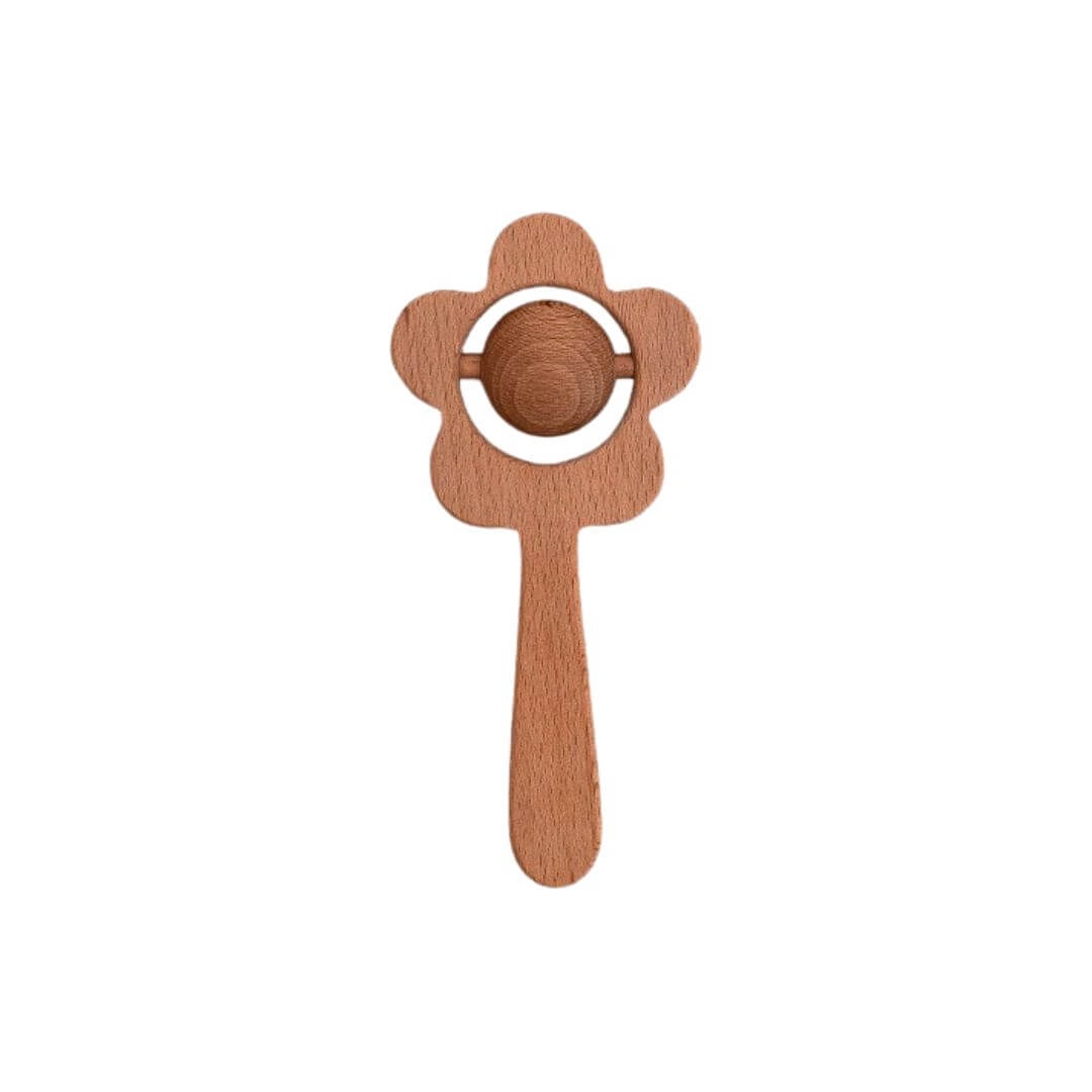 Wooden flower rattle with a rolling ball in the center.
