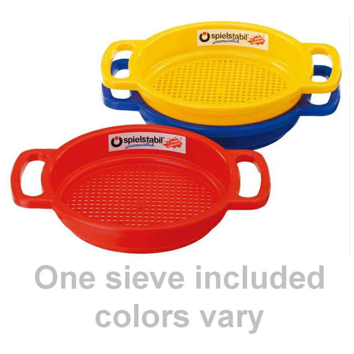 Spielstabil Sand Sieves in yellow, red, and blue - one sieve included, colors vary