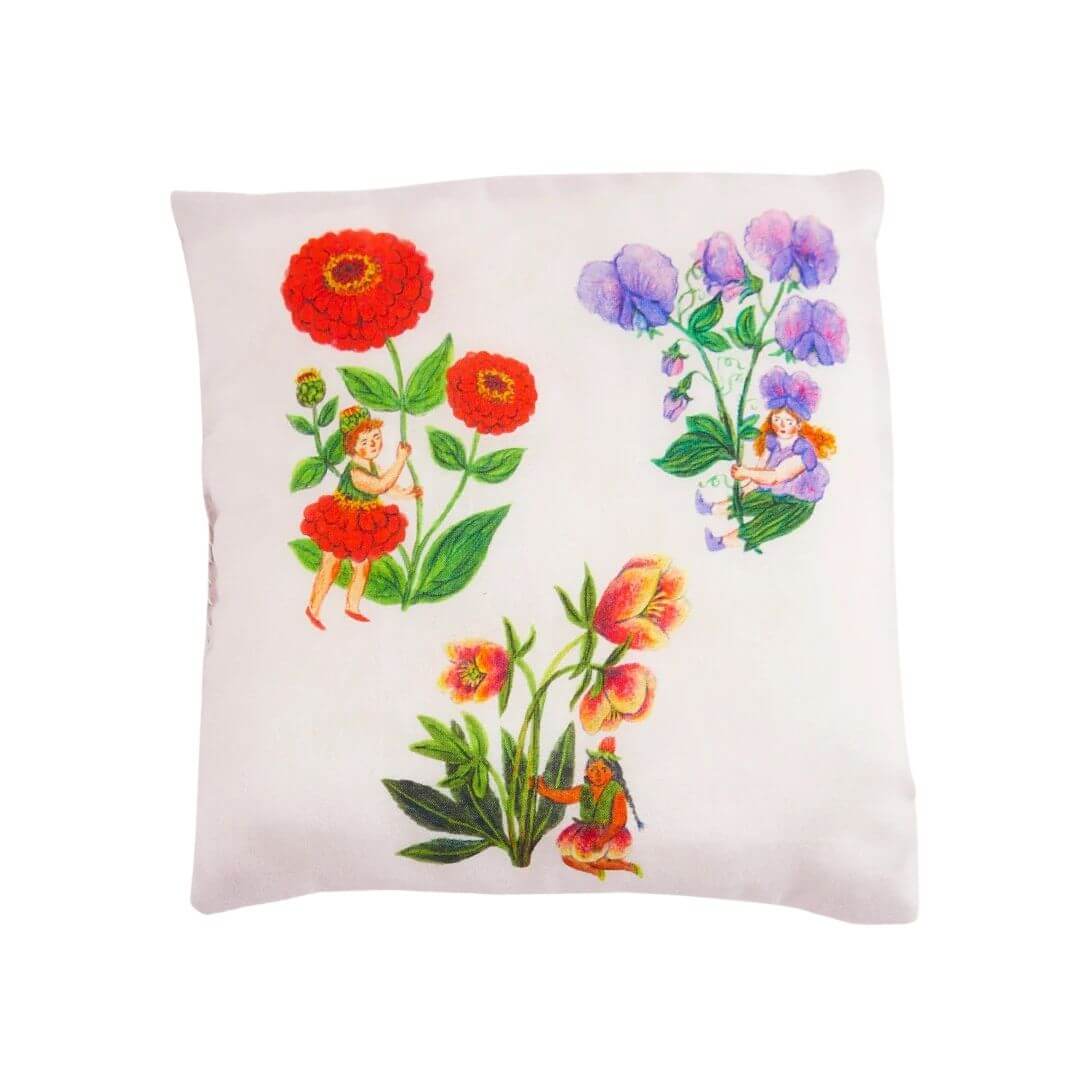Sarah's Silks Tooth Fairy Pillow, featuring a delicate fairy illustration by Phoebe Wahl, where 3 different fairies are surrounded by blooming zinnias and morning glories and cleome flowers on a soft silk cover.