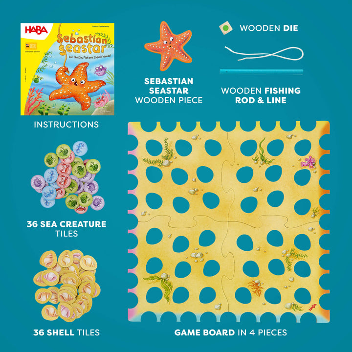 Sebastian Seastar game set with game board, tiles, and pieces on a blue background. HABA