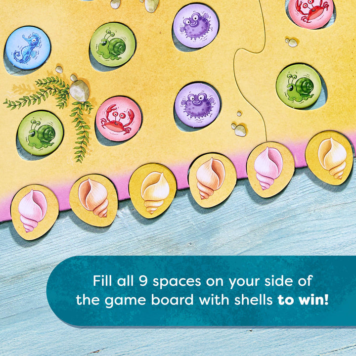 Game board with colorful shell-shaped spaces and a text prompt to fill spaces for winning.