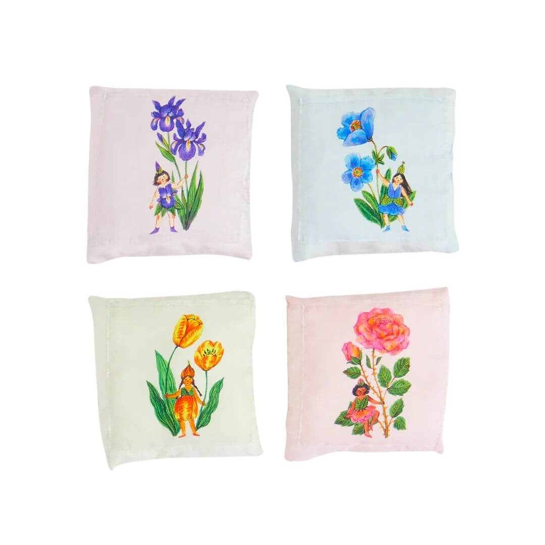 An image of all four colorways of the Sarah's Silks Tooth Fairy Pillow  featuring a delicate fairy illustration by Phoebe Wahl, on a soft silk cover.