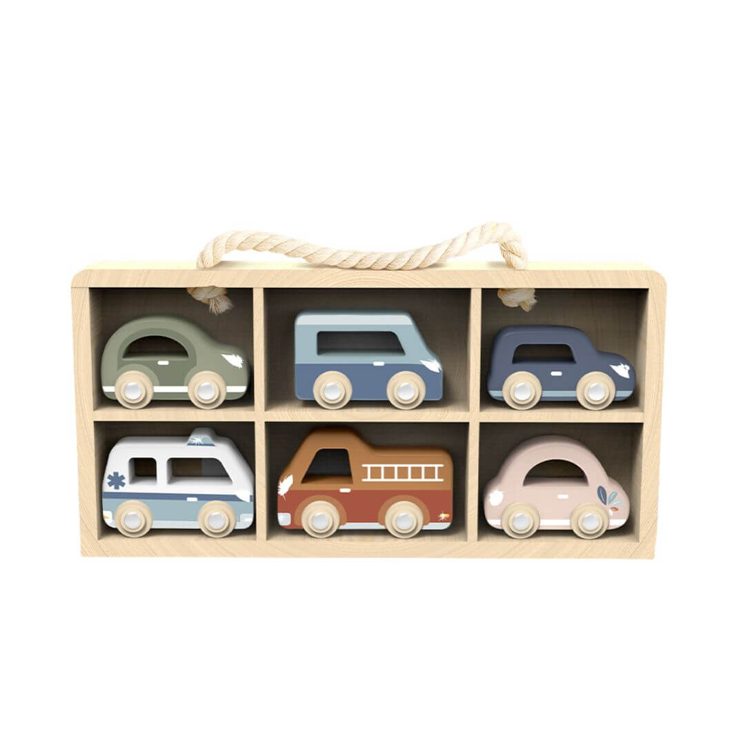 Speedy Monkey Wooden toy cars set with six colorful vehicles including a fire truck, ambulance, camper, and cars displayed in a wooden storage case for imaginative play - Bella Luna Toys