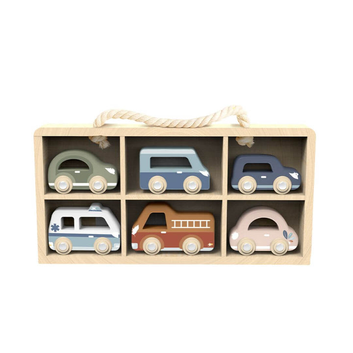 Speedy Monkey Wooden toy cars set with six colorful vehicles including a fire truck, ambulance, camper, and cars displayed in a wooden storage case for imaginative play - Bella Luna Toys