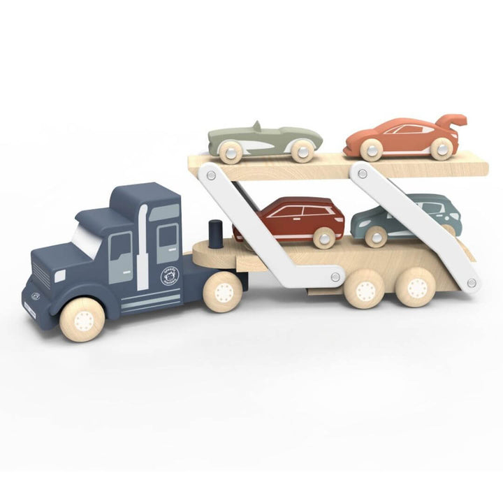 Speed Monkey Wooden car transporter truck with a movable double-deck trailer and four wooden toy cars, designed to encourage imaginative play, fine motor skills, and creative storytelling - Bella Luna Toys