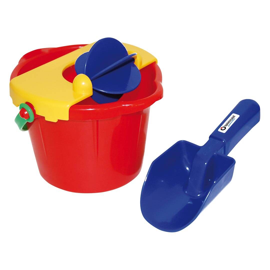 Spielstabil Sand Bucket Mill Set with blue small scoop, red pail, yellow top with blue spinner and green handle