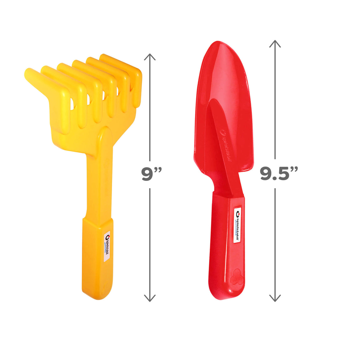 Spielstabil Hand Rake is 9 and a half inches tall & Shovel is 9 inches tall