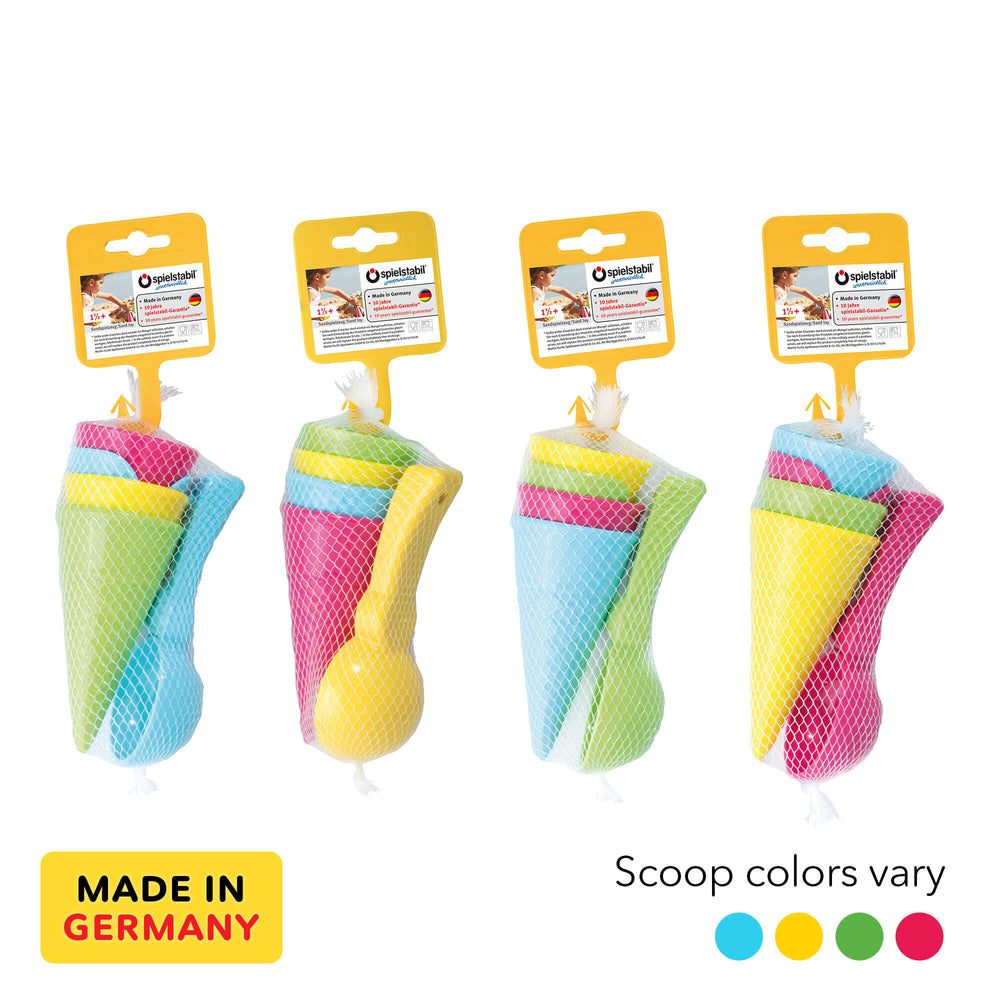 4 Spielstabil Ice Cream Sand Play Sets with green, yellow, blue, and pink cones and each with a different scoop color in blue, yellow, green, and pink