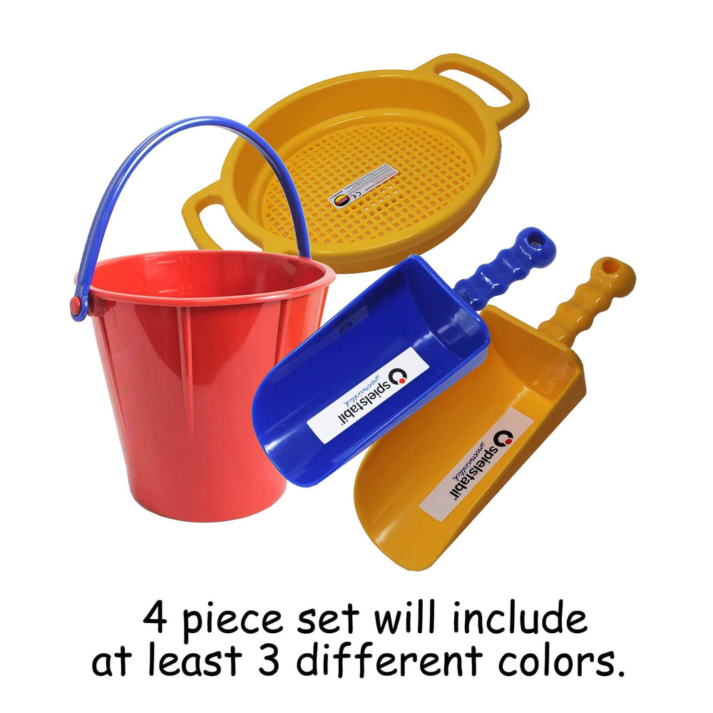Spielstabil 4 Piece Large Sand Toys Bundle with red pail, blue scoop, yellow scoop, and yellow sieve - colors vary, will include at least 3 different colors