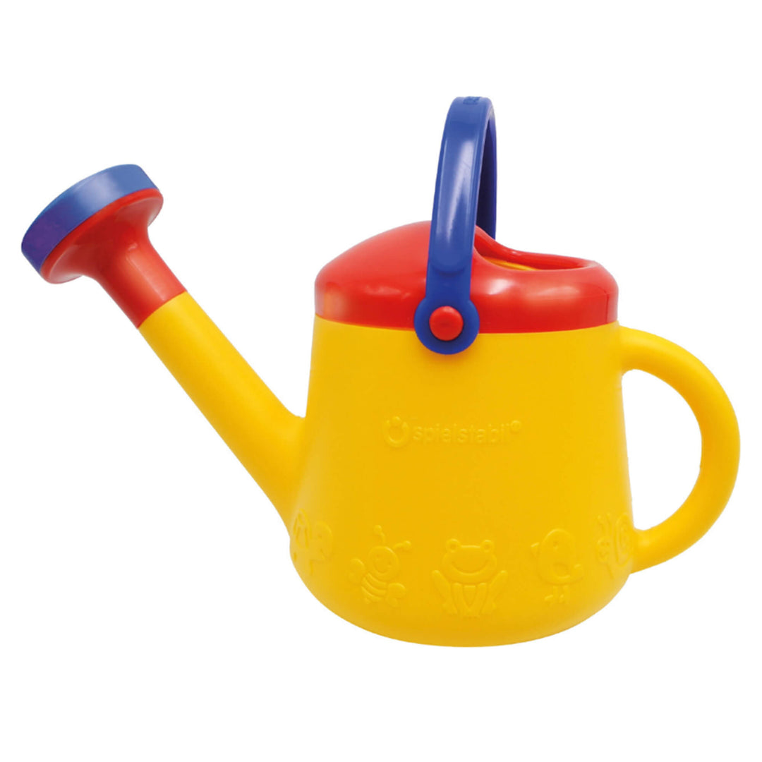 Spielstabil Watering Can with yellow body, red and blue spout, red top, and blue handle