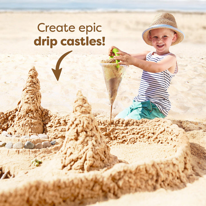 Child building drip sandcastles with the Spilling Funnel on a sandy beach. Text reads "Create epic drip castles!"
