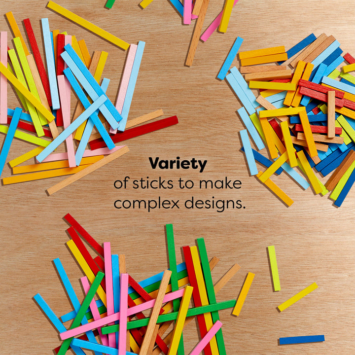Colorful wooden sticks on a wooden surface with text reading "Variety of sticks to make complex designs."