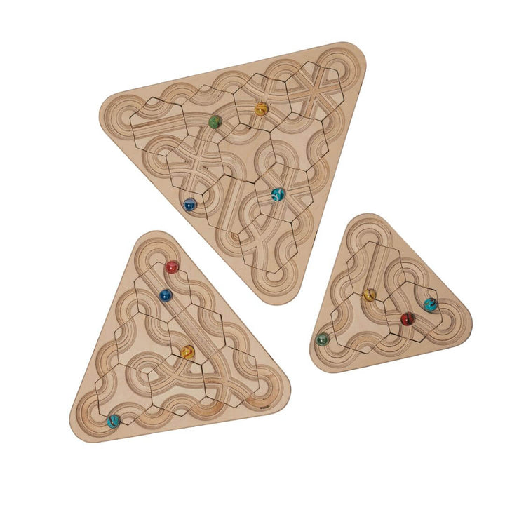 All three sizes of wooden mindfulness marble maze with rearrangeable hexagon tiles arranged in a triangle board, featuring looping engraved pathways and colorful marbles - Bella Luna Toys