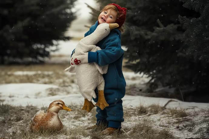 Child holding a Senger goose warming pillow in a snowy landscape with trees in the background