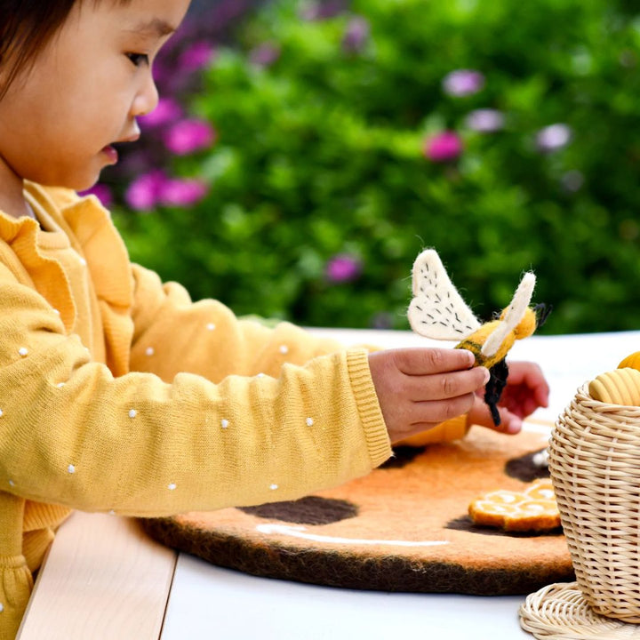 Child playing with bee and Felted Honey Bee Life Stages Set with Playmat