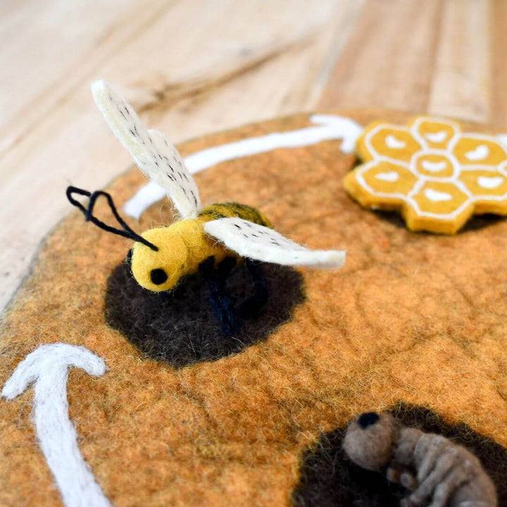 Close up of bee on Felted Honey Bee Life Stages Set with Playmat