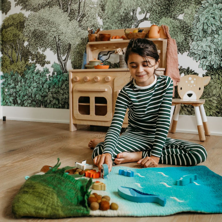 Tara Treasures Large Sea and Rockpool- Playmats-Child playing with ocean themed playmat- Bella Luna Toys
