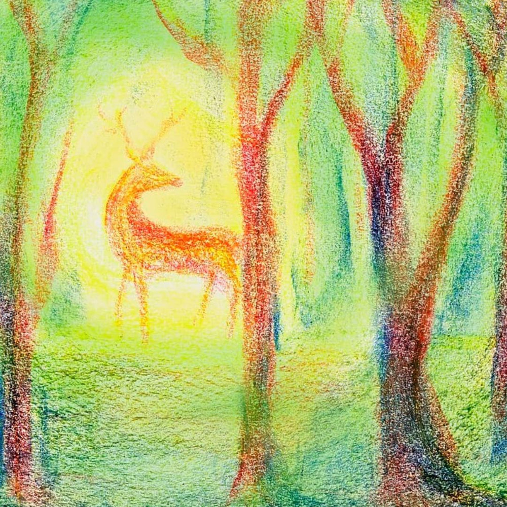 Block crayon drawing of a deer in a forest- Bella Luna Toys