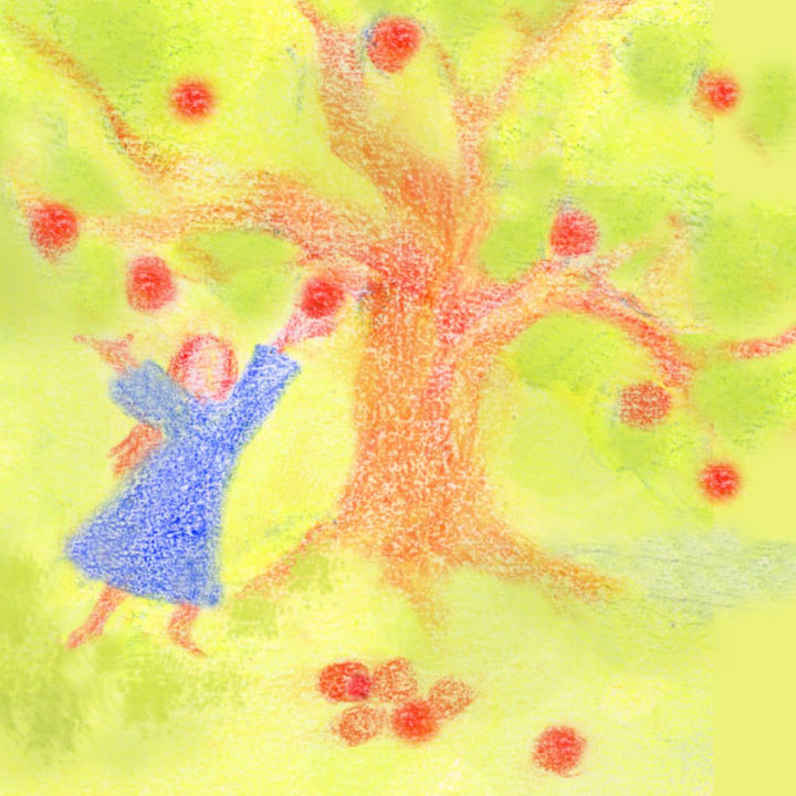 Block crayon drawing of a child picking apples- Bella Luna Toys