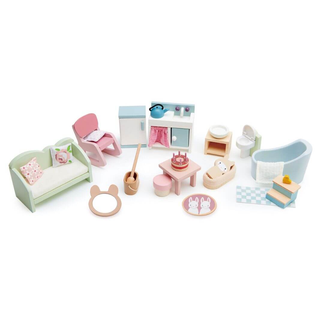 Set of miniature furniture pieces on a white background. Tender Leaf Toys