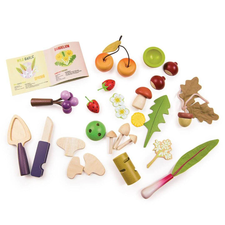 Set of wooden toy fruits, vegetables, and tools on a white background