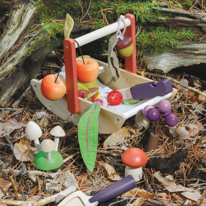 Toy fruit stand with fruits and vegetables on a natural background