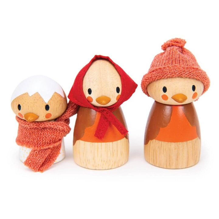 Three wooden robin figures from Tender Leaf Toys wearing red and orange clothing on a white background