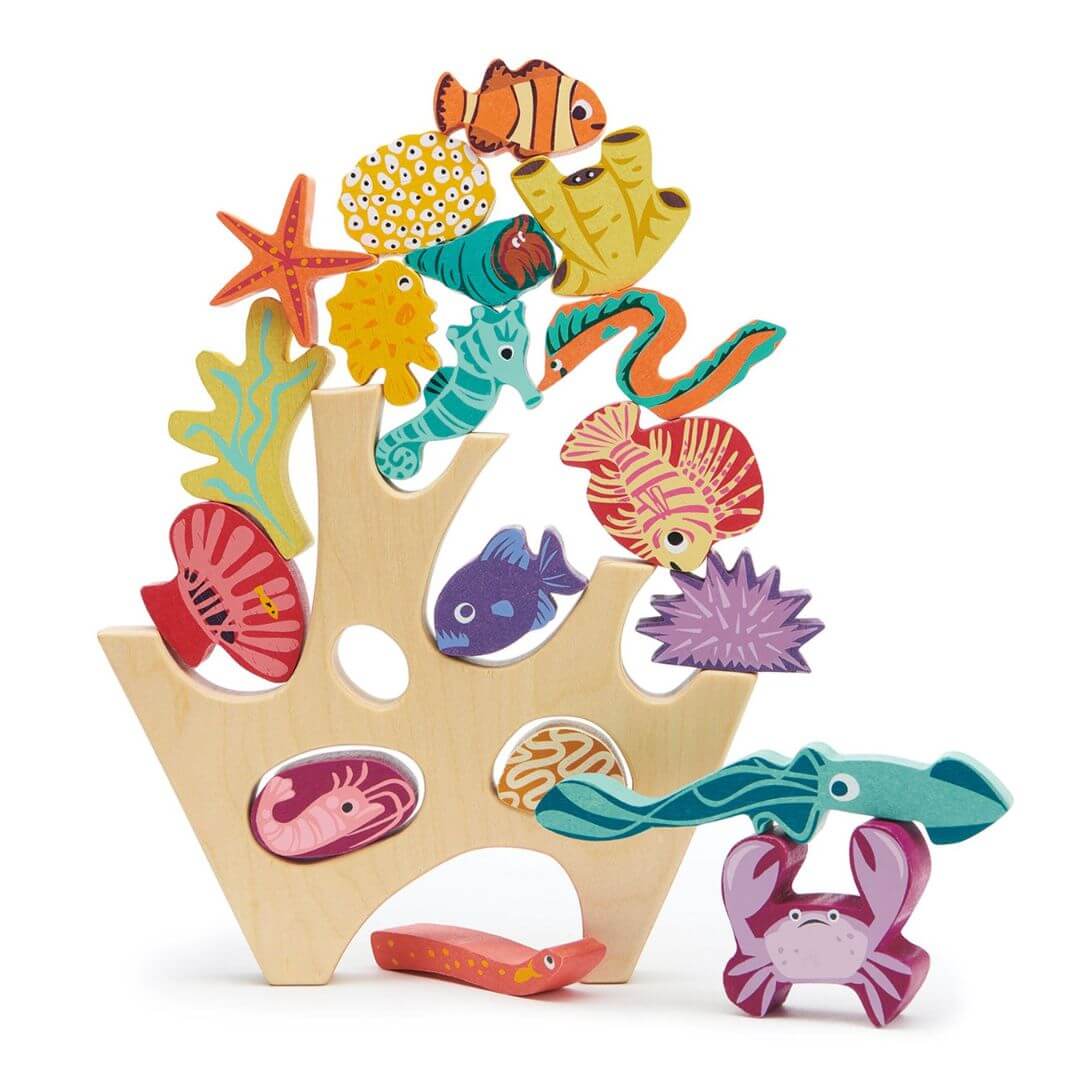 Colorful wooden sea creature stacking toys by Tender Leaf Toys on a white background