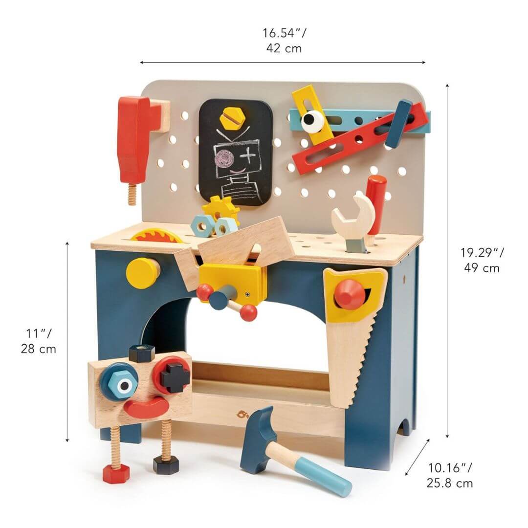 Wooden toy workbench with tools and measurements on a white background. Tender Leaf Toys