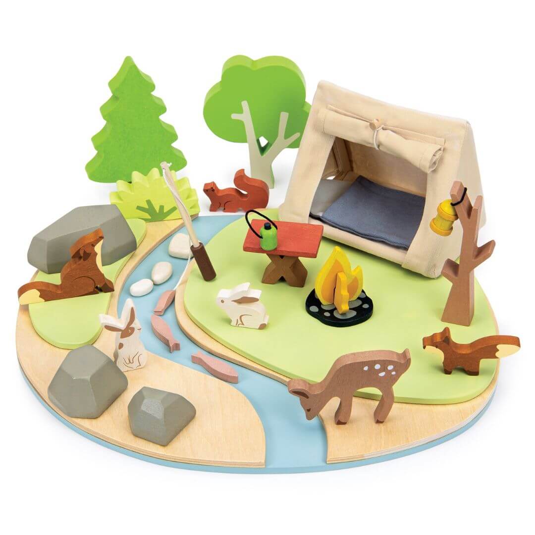 Toy camping scene with a tent, animals, and nature elements on a white background. Tender Leaf Toys