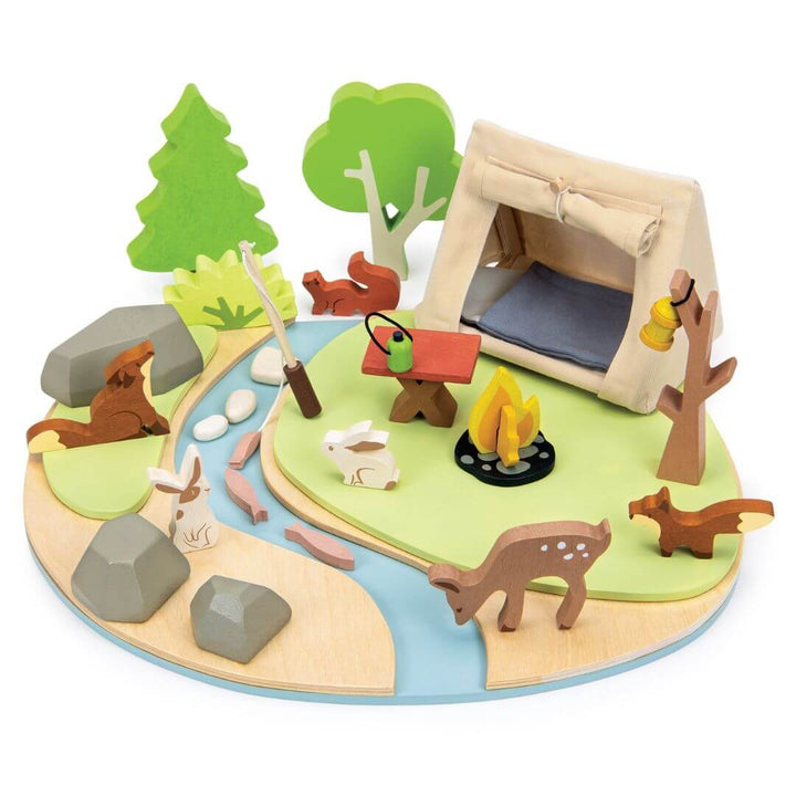 Toy camping scene with a tent, animals, and nature elements on a white background. Tender Leaf Toys
